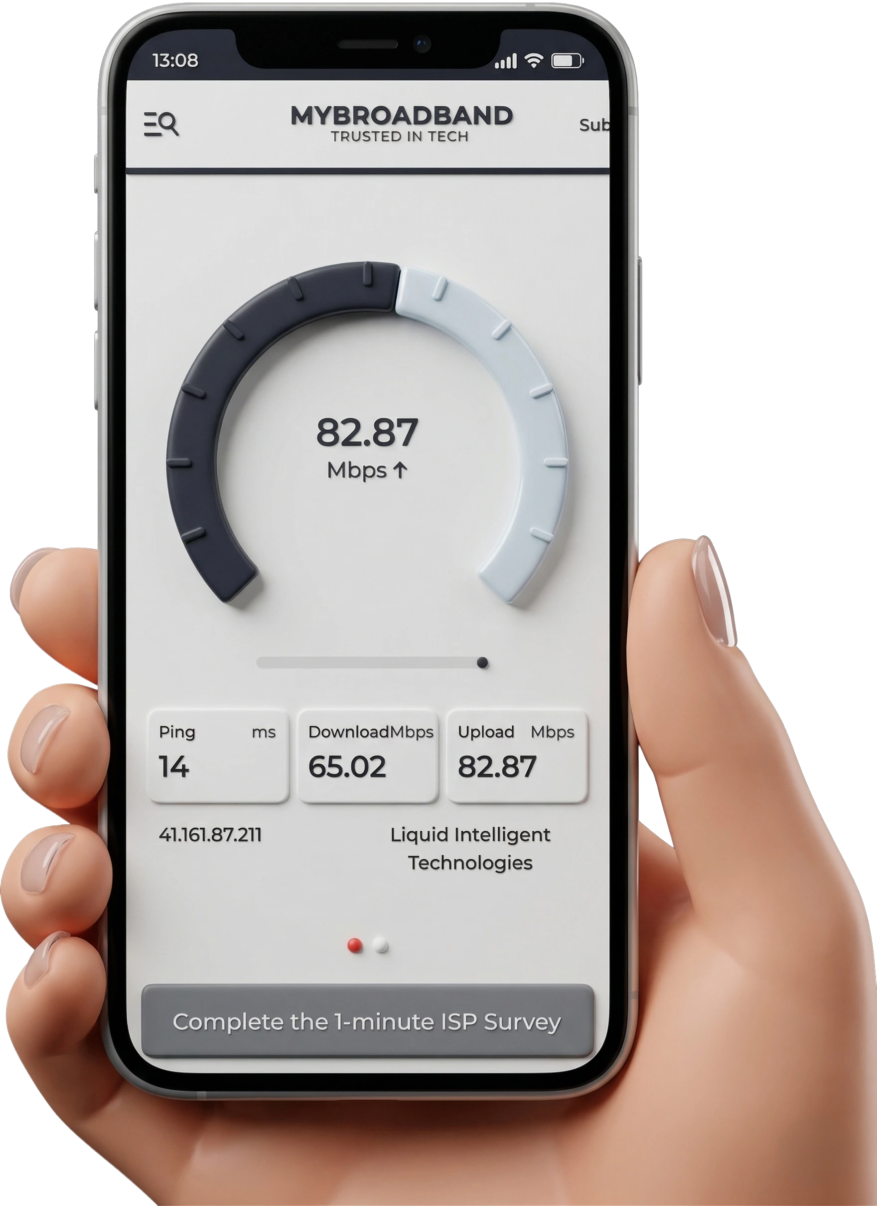 Hand holding a smartphone displaying the KCS ISP network speed test and dashboard.